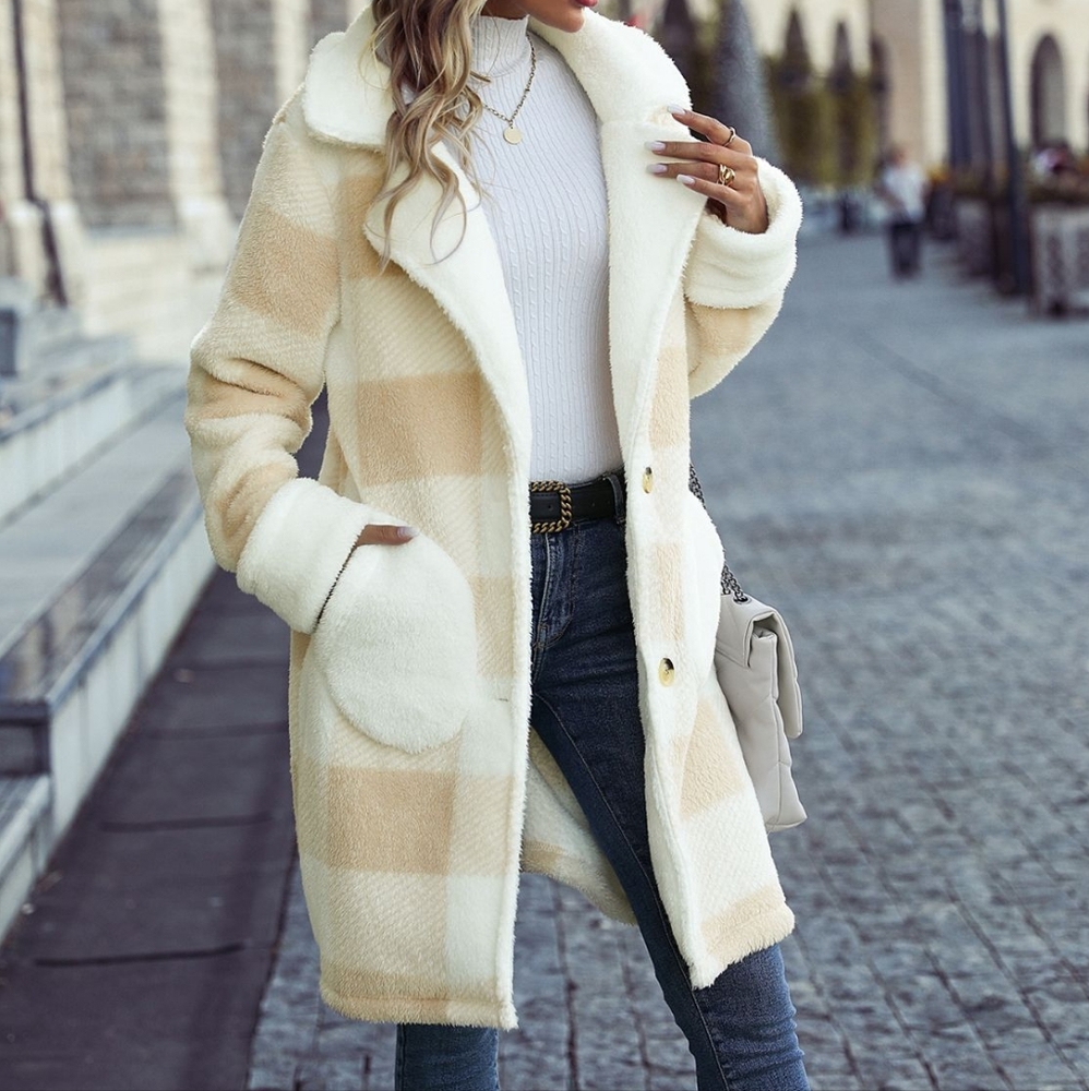 Beige Warm Plaid Button Coat - Picture 4 of 8